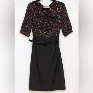 Tina Turk Black and Floral Dress size 6 silk blend belted pencil bottom lined